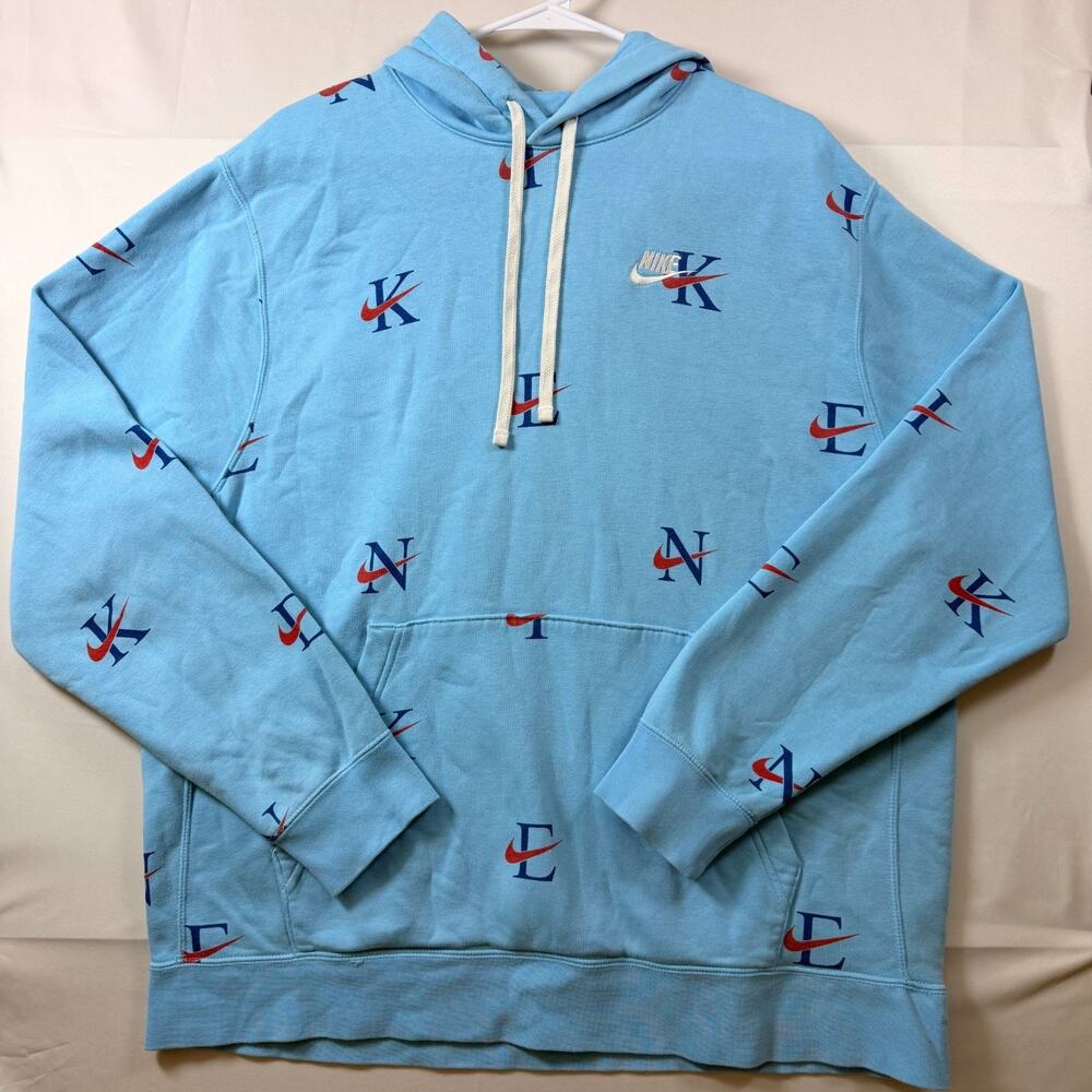 Nike All Over Print Monogram Pullover Hoodie Light Blue Mens Size XL